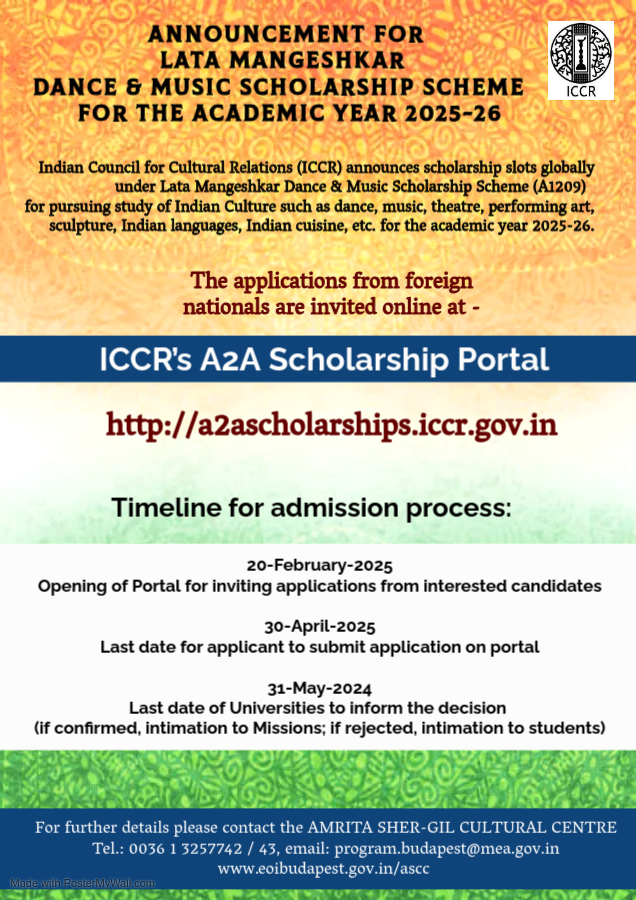 Announcement for Lata Mangeshkar Dance & Music Scholarship Scheme (A1209) (formerly ICCR Scholarship Scheme for Indian Culture) - 2025-26